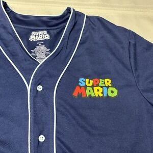 Super Mario Bros Men's Med Baseball Button Up Jersey Navy Blue NEW Luigi Bowser